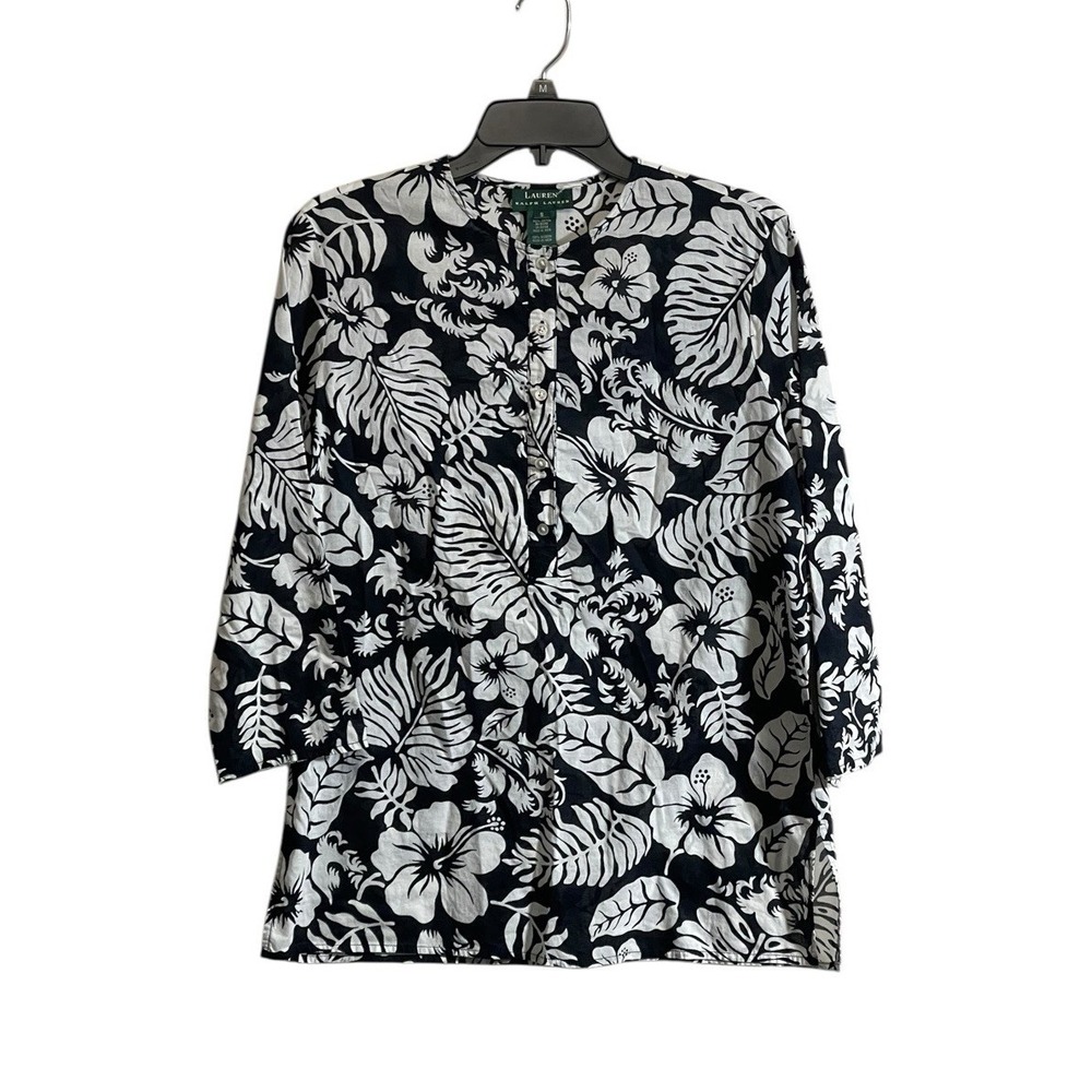 Lauren Ralph Lauren S Lightweight Black White Popover Blouse Tropical Resort